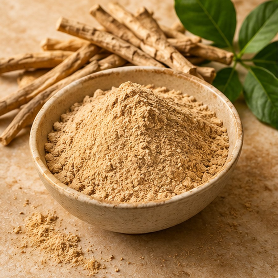 Illustrative image of organic ashwagandha root powder ingredient, not the actual packaged 1 oz bag