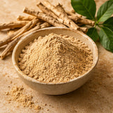 Illustrative image of organic ashwagandha root powder ingredient, not the actual packaged 1 oz bag