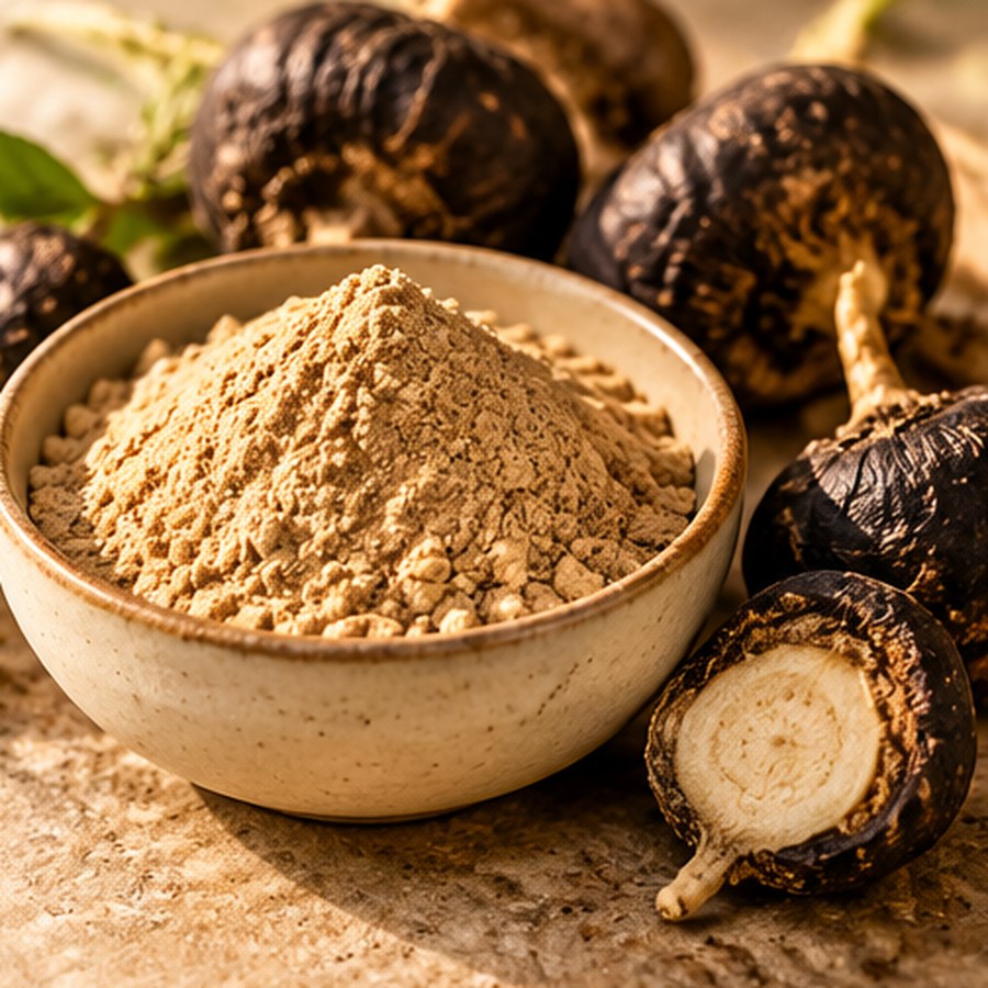 Illustrative image of organic black maca root powder ingredient, not the actual packaged 1 oz bag
