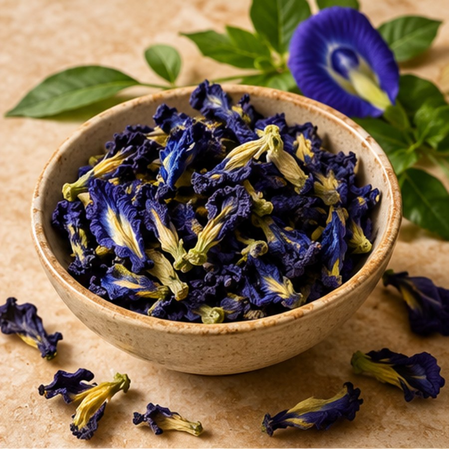 Illustrative image of organic butterfly pea flower ingredient, not the actual packaged 1 oz bag