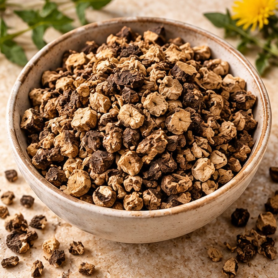Illustrative image of organic dandelion root ingredient, not the actual packaged 1 oz bag