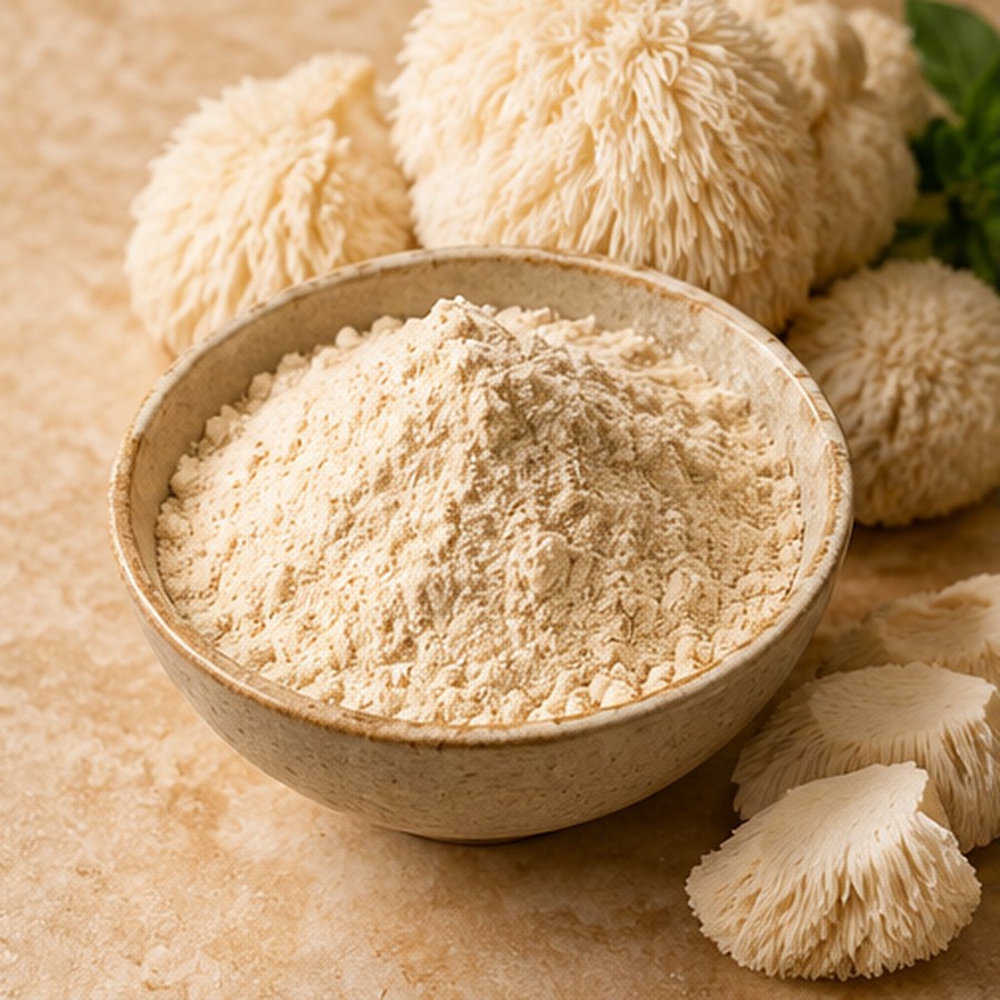 Illustrative image of organic lions mane mushroom powder ingredient, not the actual packaged 1 oz bag