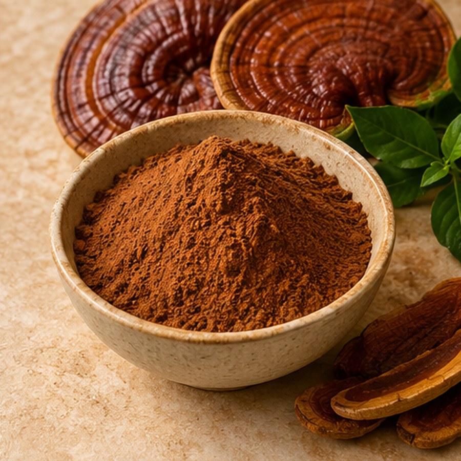 Illustrative image of organic reishi mushroom powder ingredient, not the actual packaged 1 oz bag