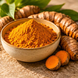 Illustrative image of organic turmeric powder ingredient, not the actual packaged 1 oz bag
