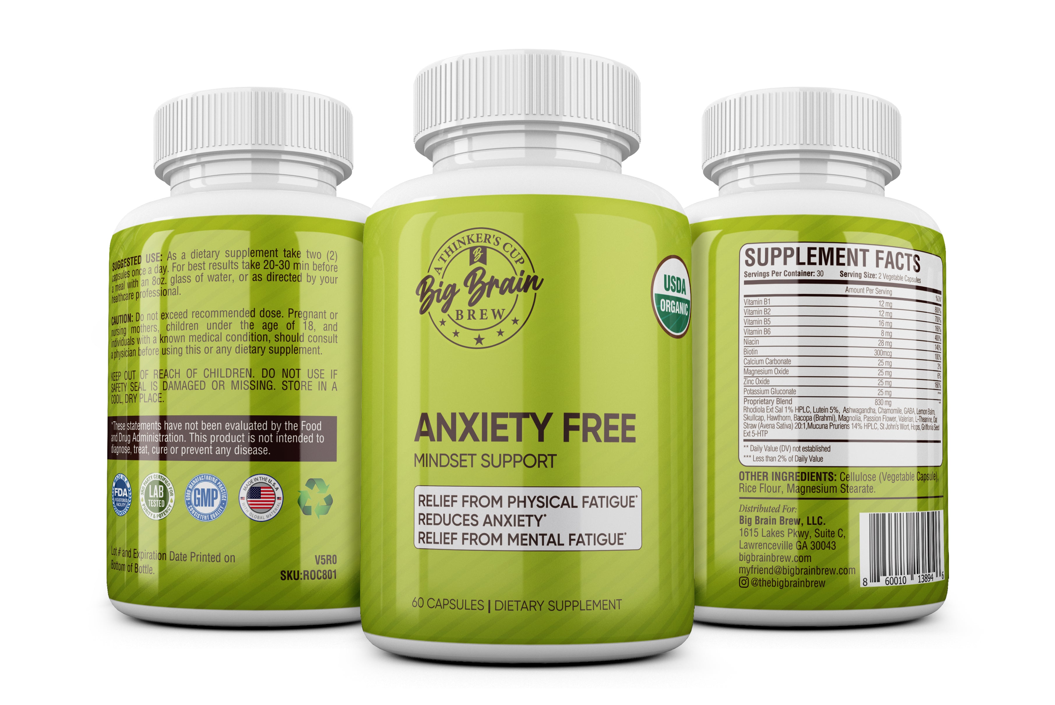Anxiety Free Mindset Support - Ashwagandha , Lemon Balm, Skullcap, L-Theanine, Rhodiola & more
